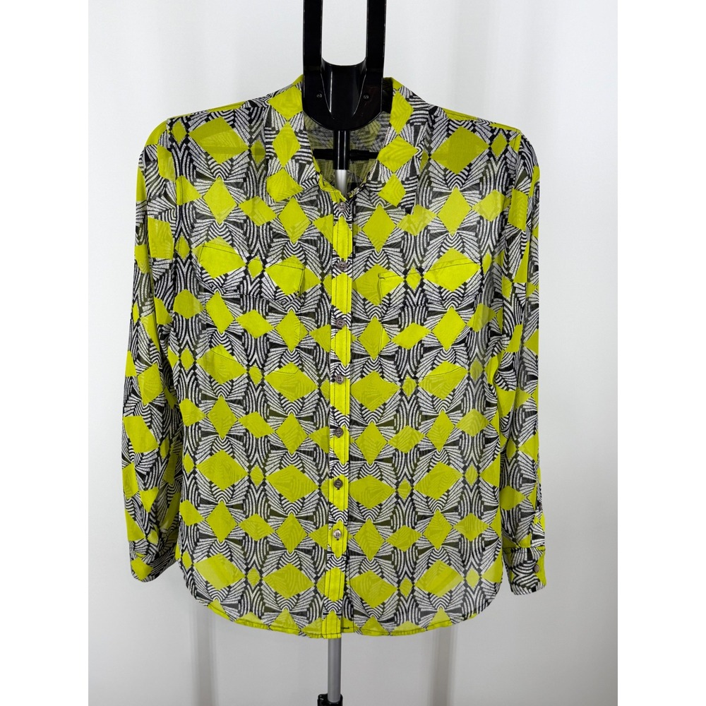 Two by Vince Camuto Lime Green Geometric Diamond Print Button Down Blouse Small